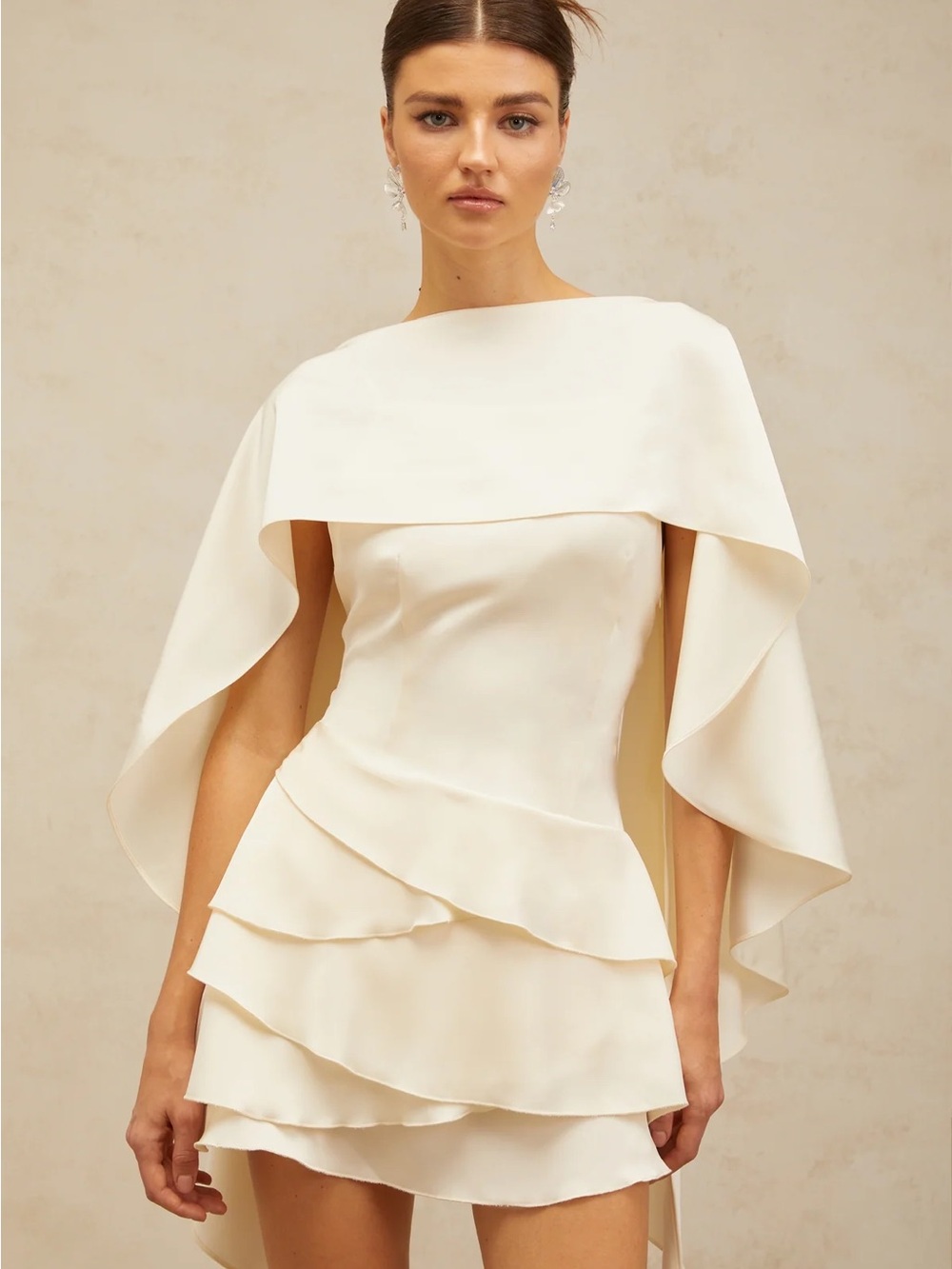 Elegant Ivory Mini Dress with Draped Cape